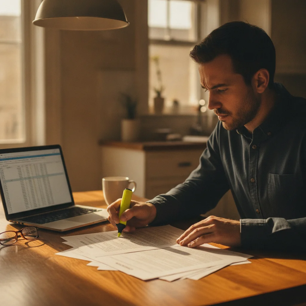 Person at kitchen table carefully reviewing a printed car purchase contract with a highlighter.