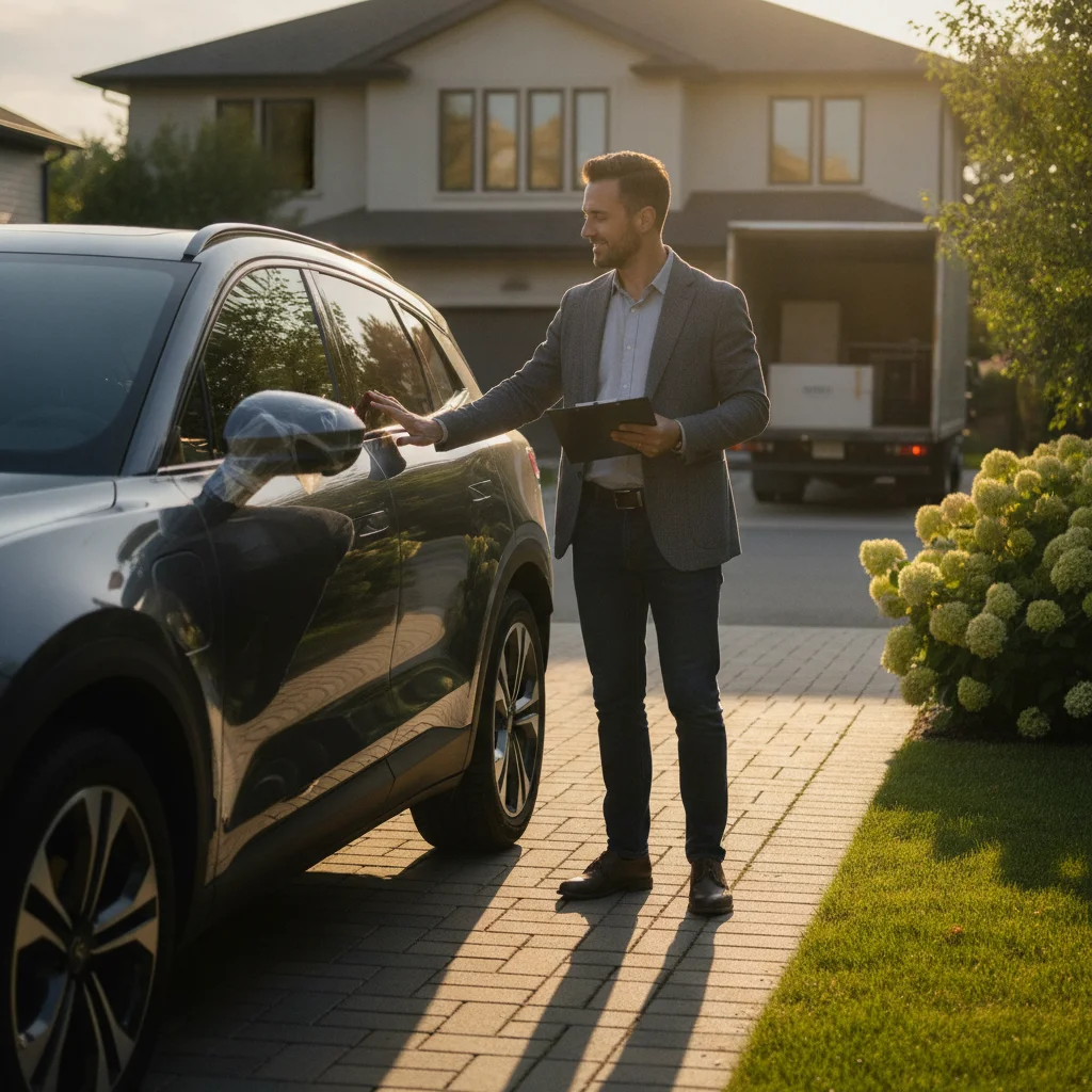 Person inspecting a newly delivered car in a driveway with a checklist clipboard in hand.