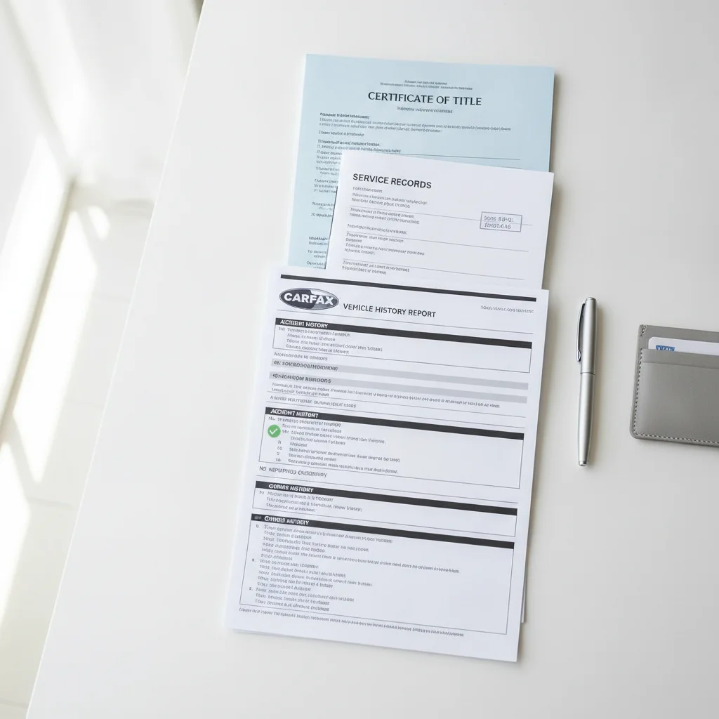 Organized vehicle ownership documents including title, service records, and vehicle history report on a desk