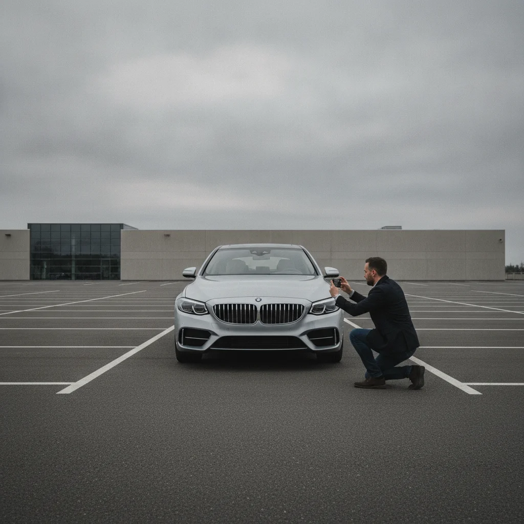 Person using a smartphone to photograph a clean silver sedan in an empty parking lot for a private sale listing