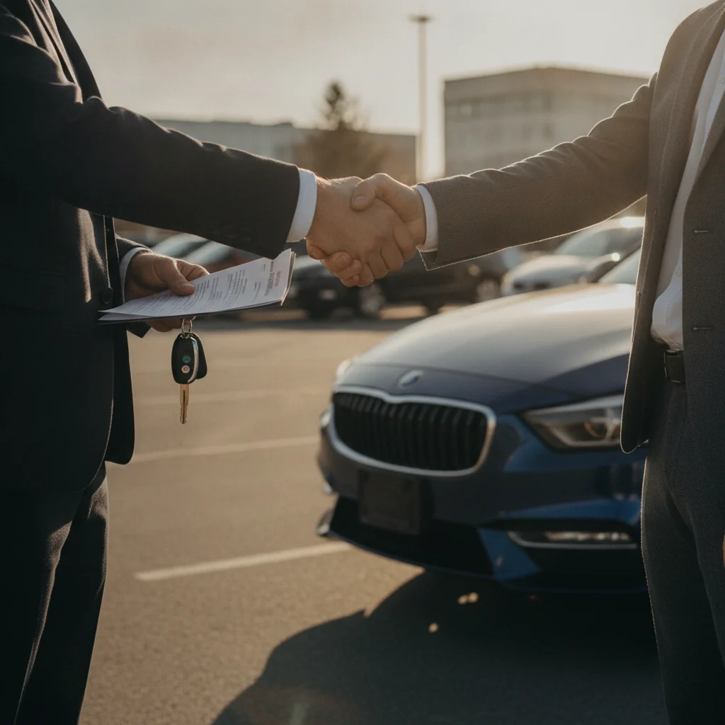 Two people completing a private car sale handshake in a parking lot, one holding keys and paperwork