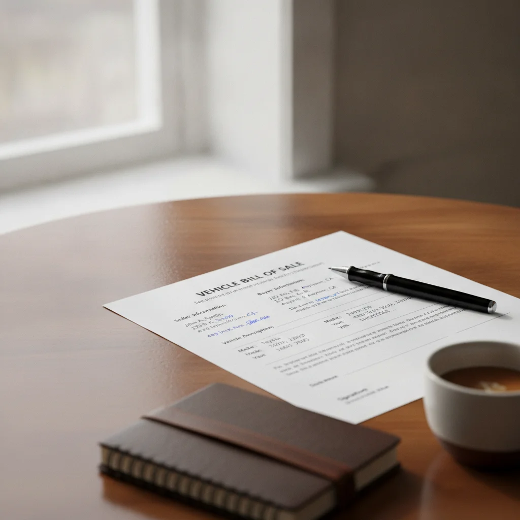 A partially completed private party vehicle bill of sale document on a table with a pen