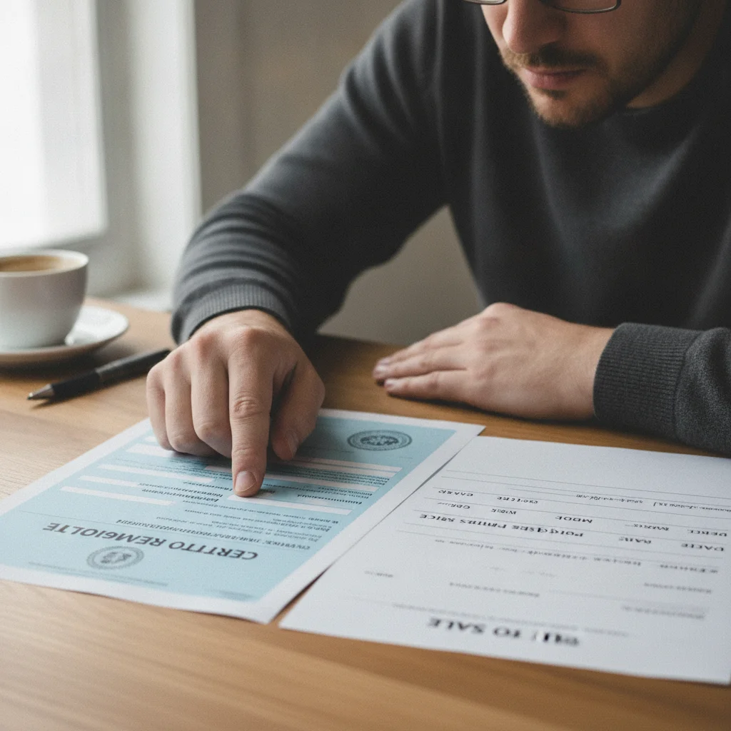 Person reviewing a vehicle title and bill of sale documents side by side on a desk