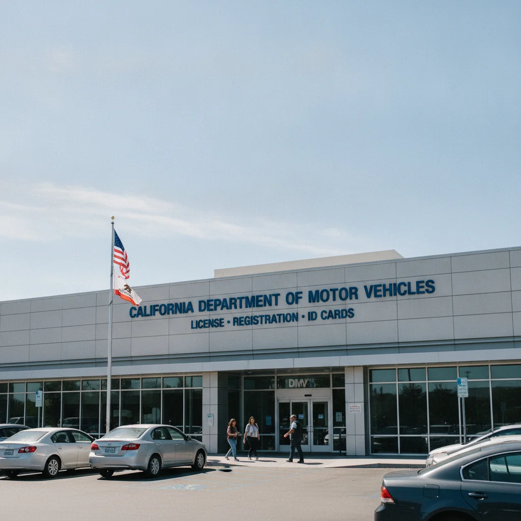 Exterior of a state DMV office building with a visible sign in daylight