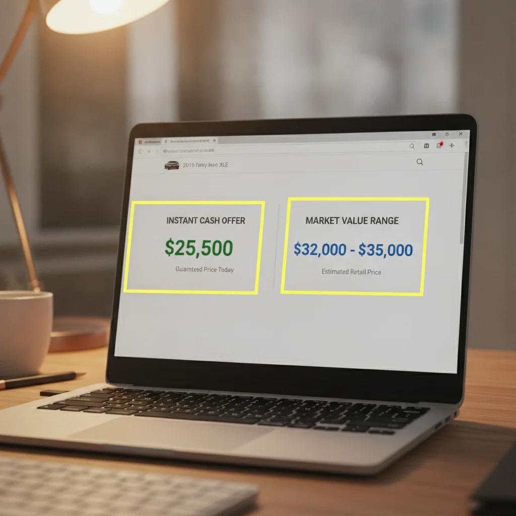 Laptop screen displaying a car valuation tool with private party and trade-in values highlighted