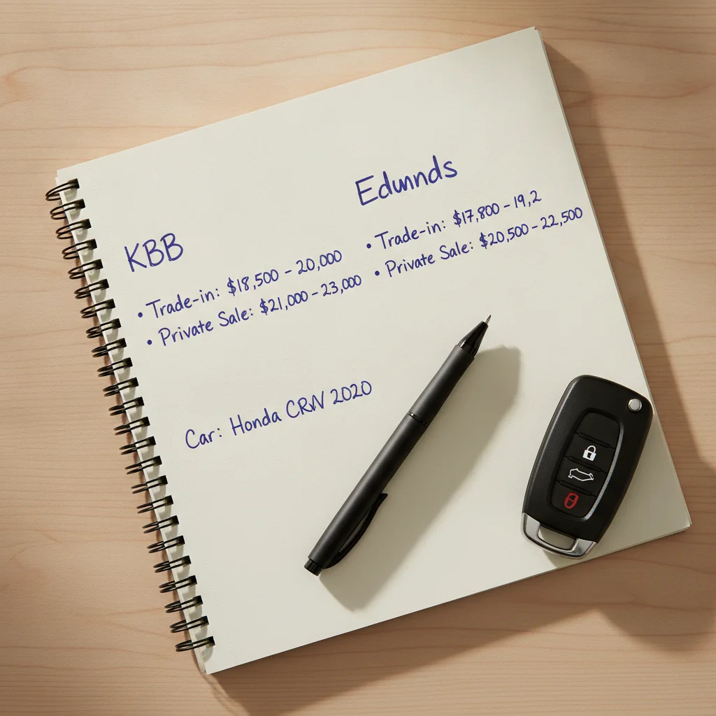 Notepad with KBB and Edmunds valuation figures written side by side next to a car key fob