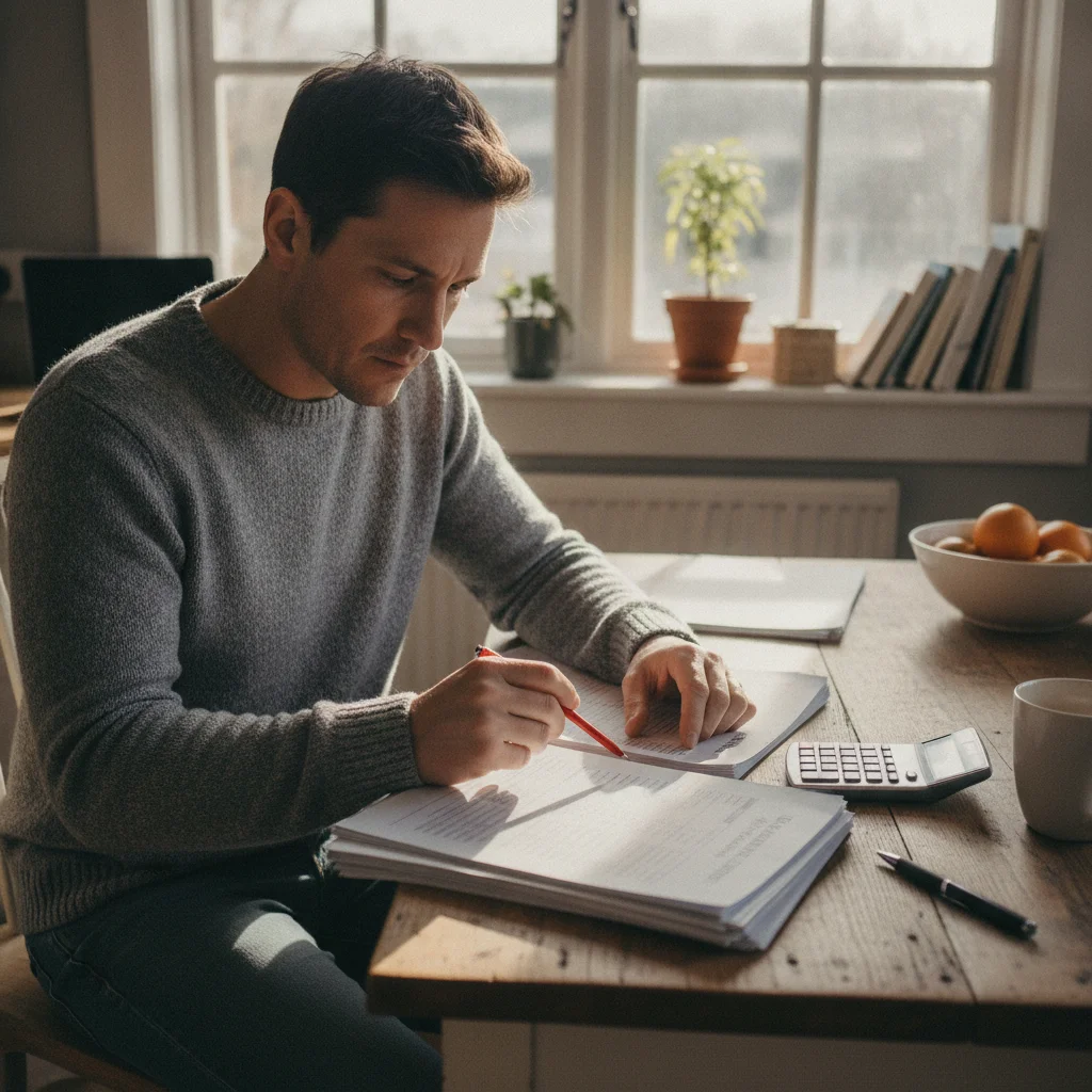 Person reviewing car valuation documents at a kitchen table with a calculator and pen