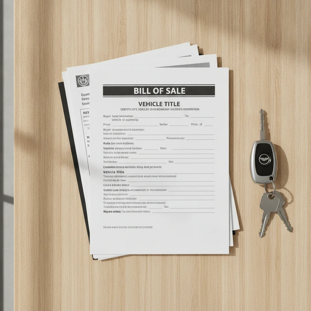 Car sale paperwork including bill of sale and title document stacked neatly with car keys