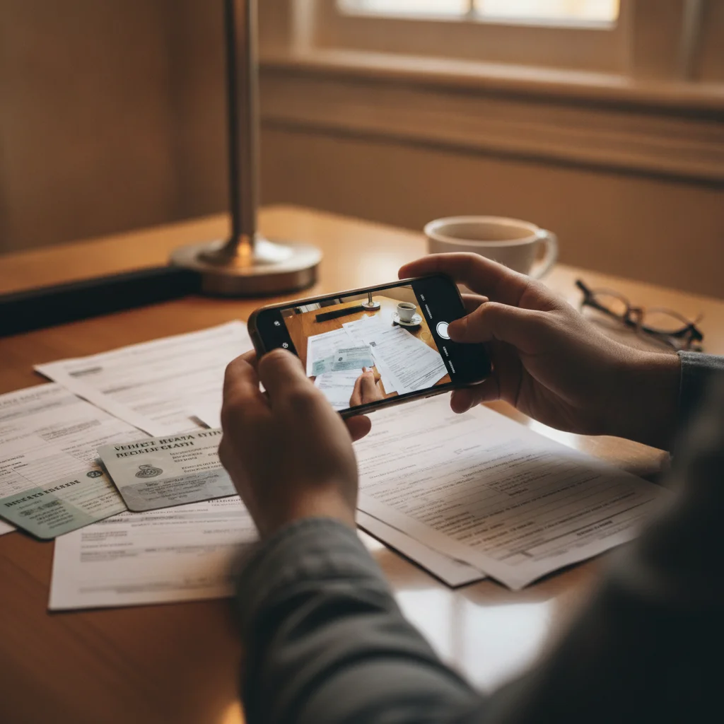 Person photographing car sale documents with a smartphone for record-keeping purposes
