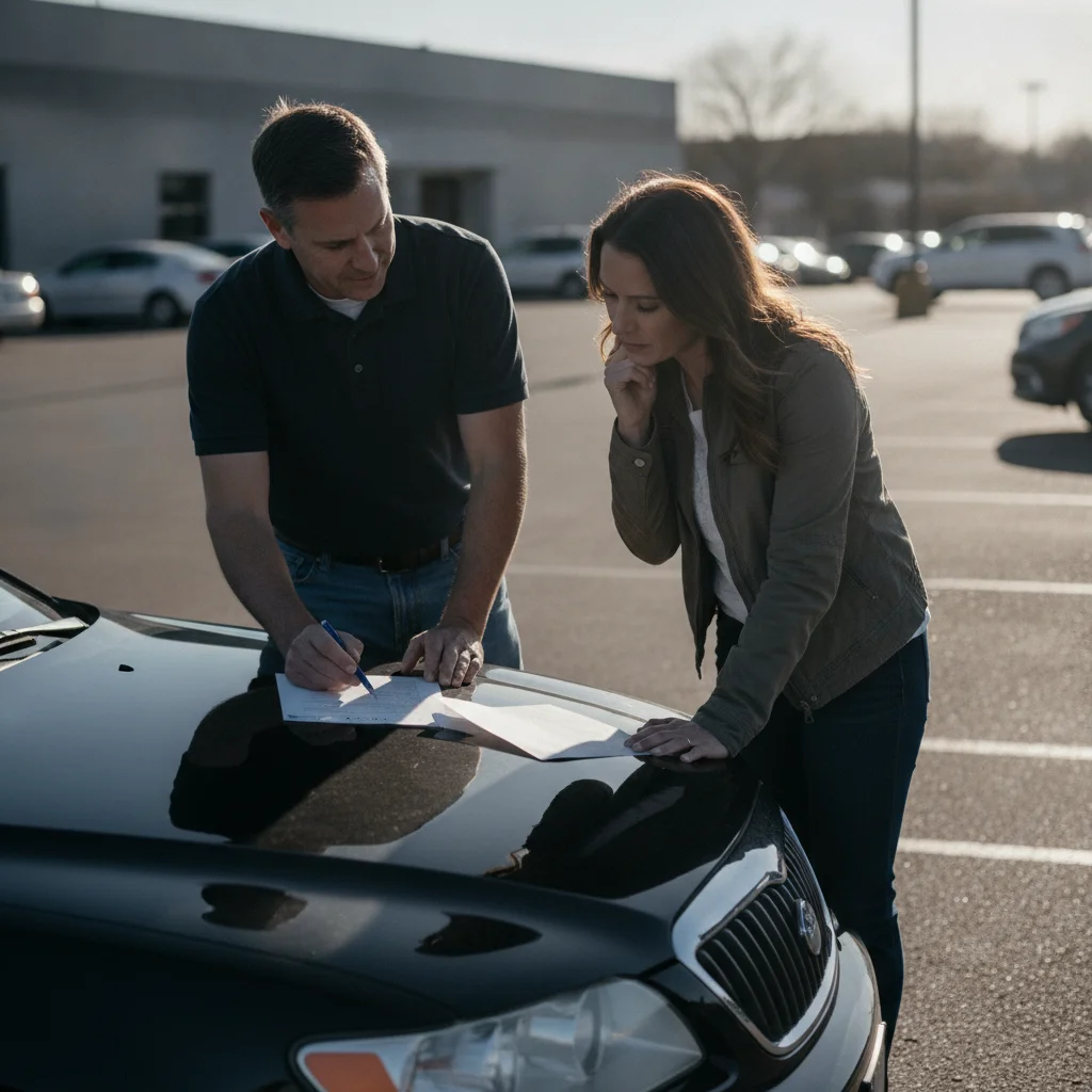 Seller and buyer standing beside a car in a parking lot reviewing sale paperwork together