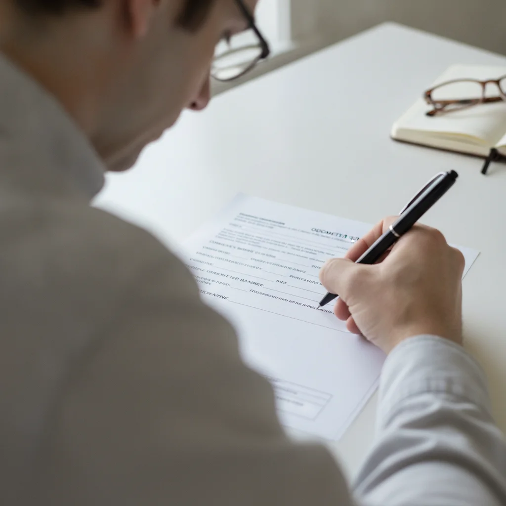 Person filling in fields on a vehicle title document with a ballpoint pen at a desk