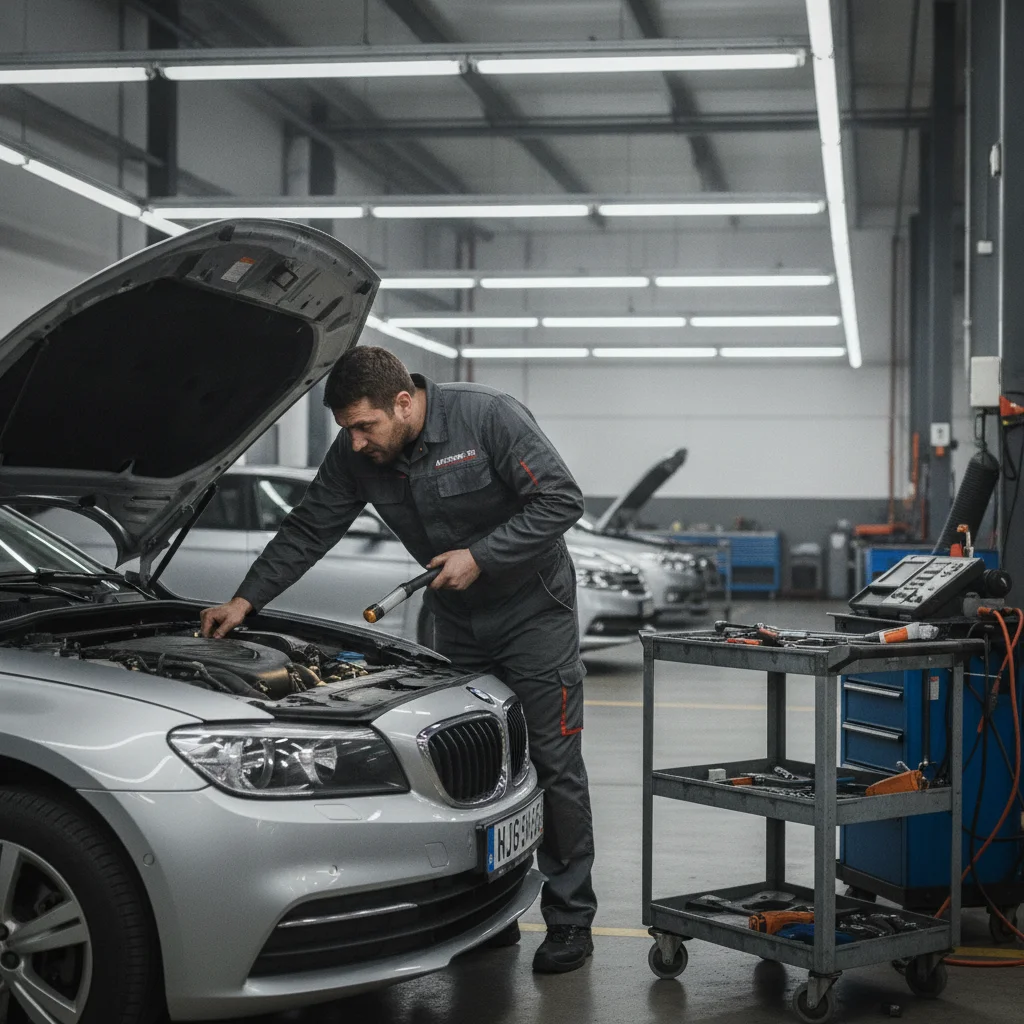 Mechanic inspecting under the hood of a sedan in a well-lit professional garage