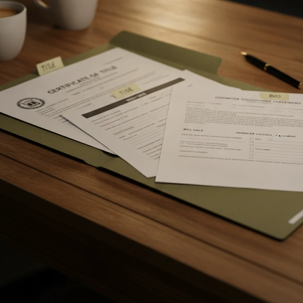 Organized folder with labeled private car sale documents including title, bill of sale, and odometer form