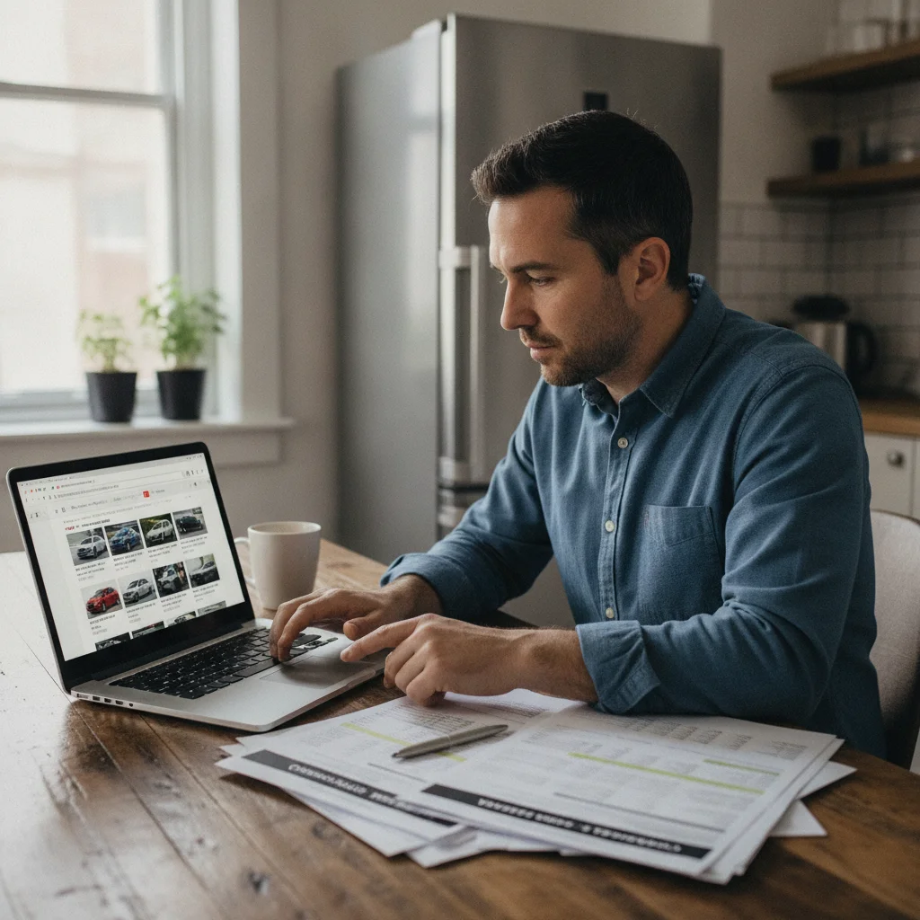 Person researching private car sale prices on a laptop with printed market comparables on the table