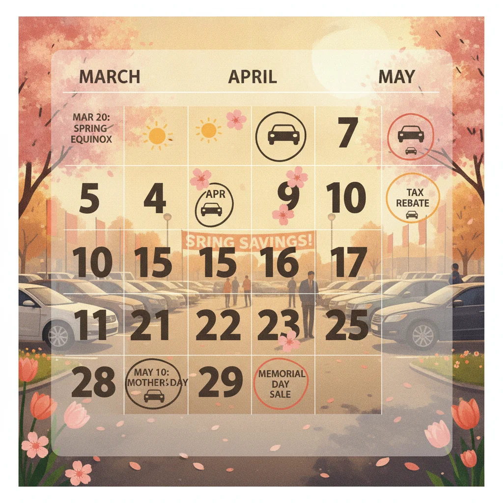 Calendar showing spring sale timing overlaid on a used car lot with vehicles under bright sunlight