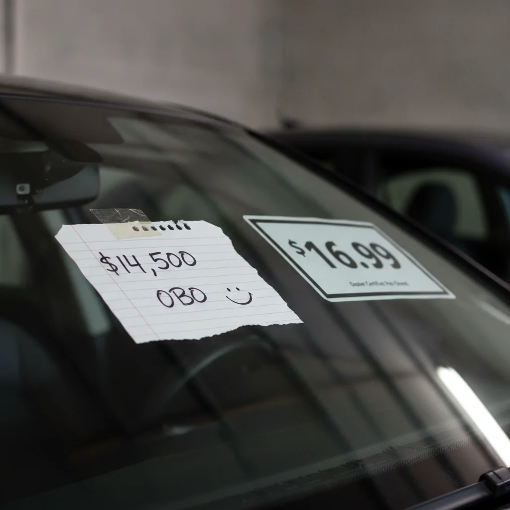 Two vehicle price tags side by side showing the price difference between private seller and dealership