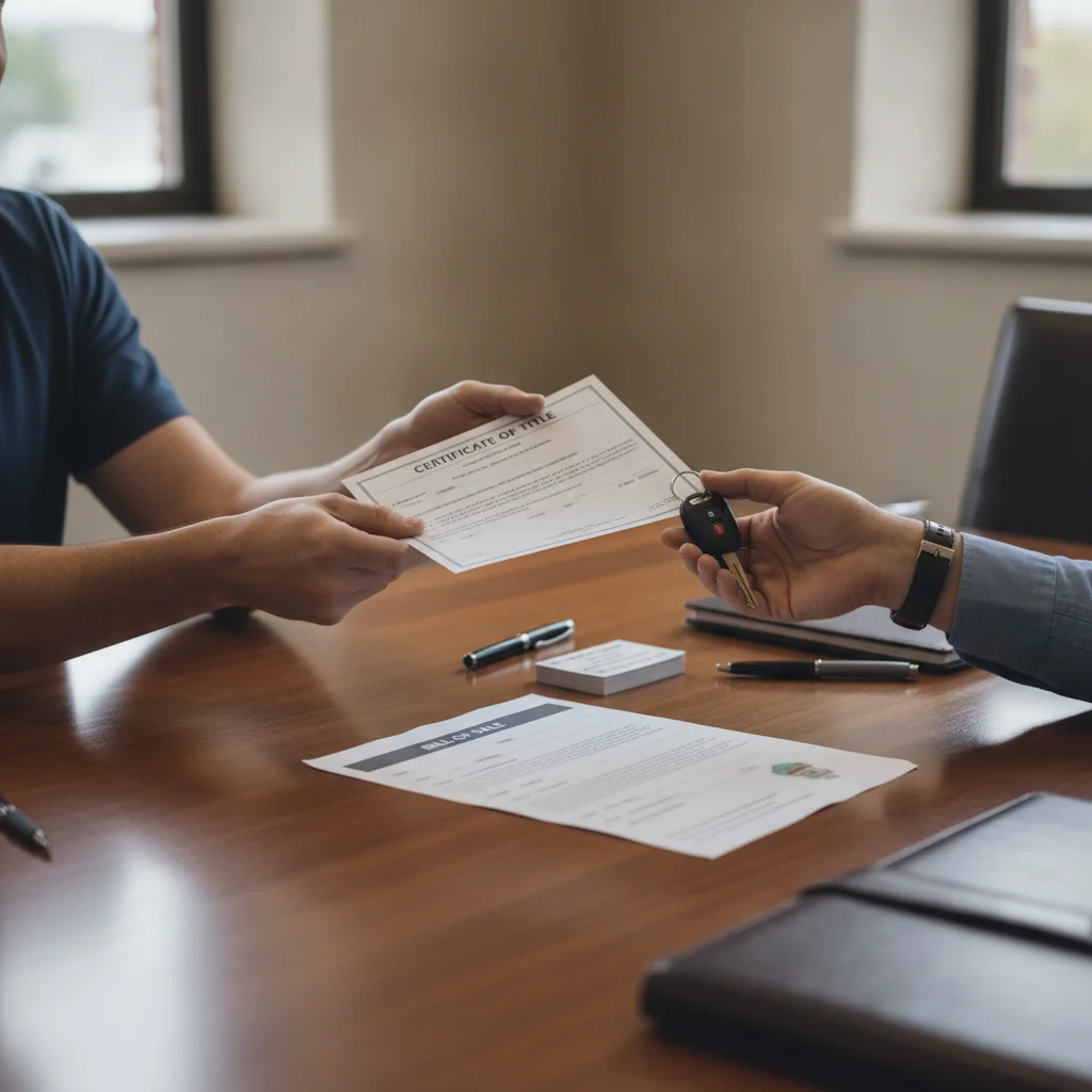 Hands exchanging vehicle title paperwork and car keys during a used car transaction