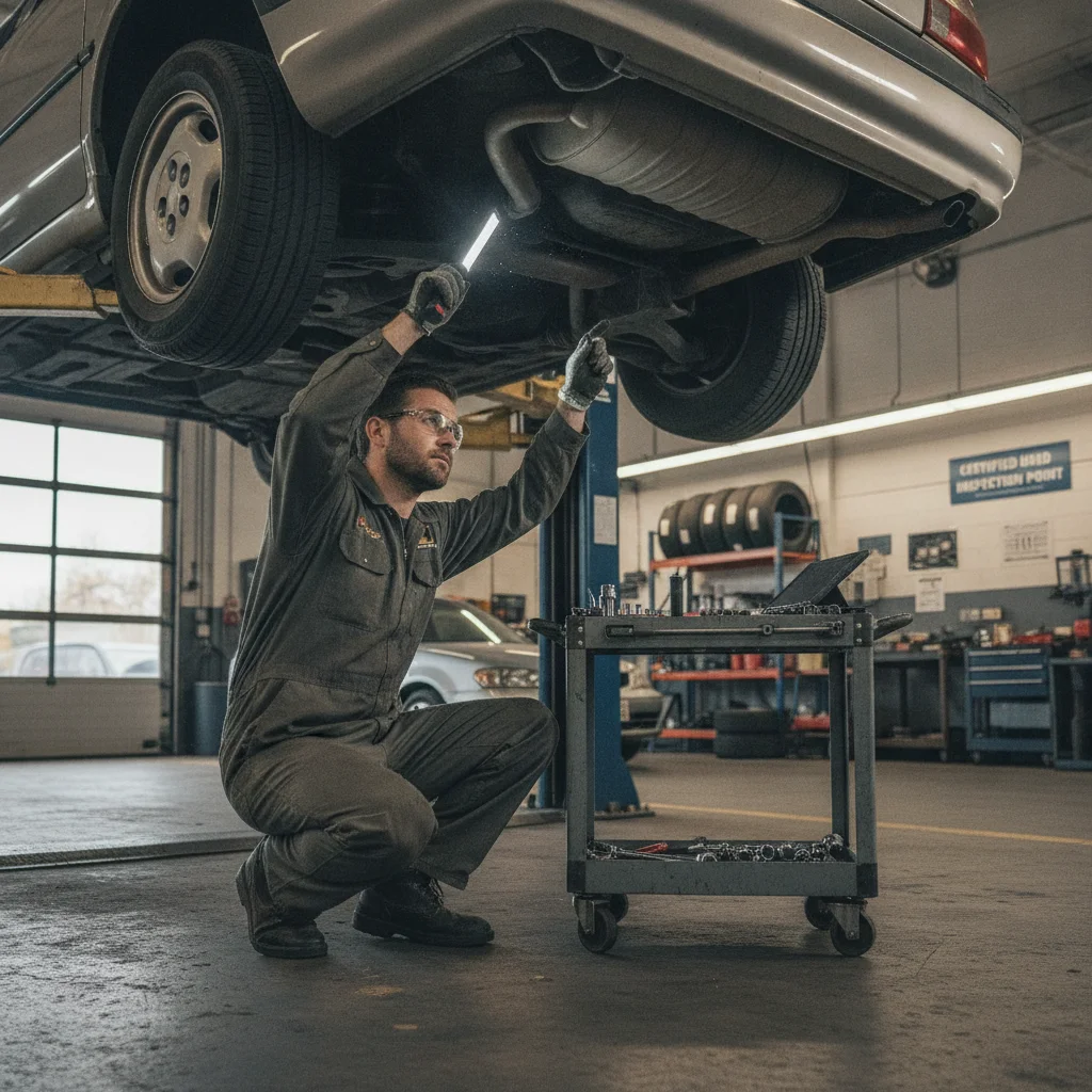 Mechanic inspecting the undercarriage of a used car on a lift during a pre-purchase inspection