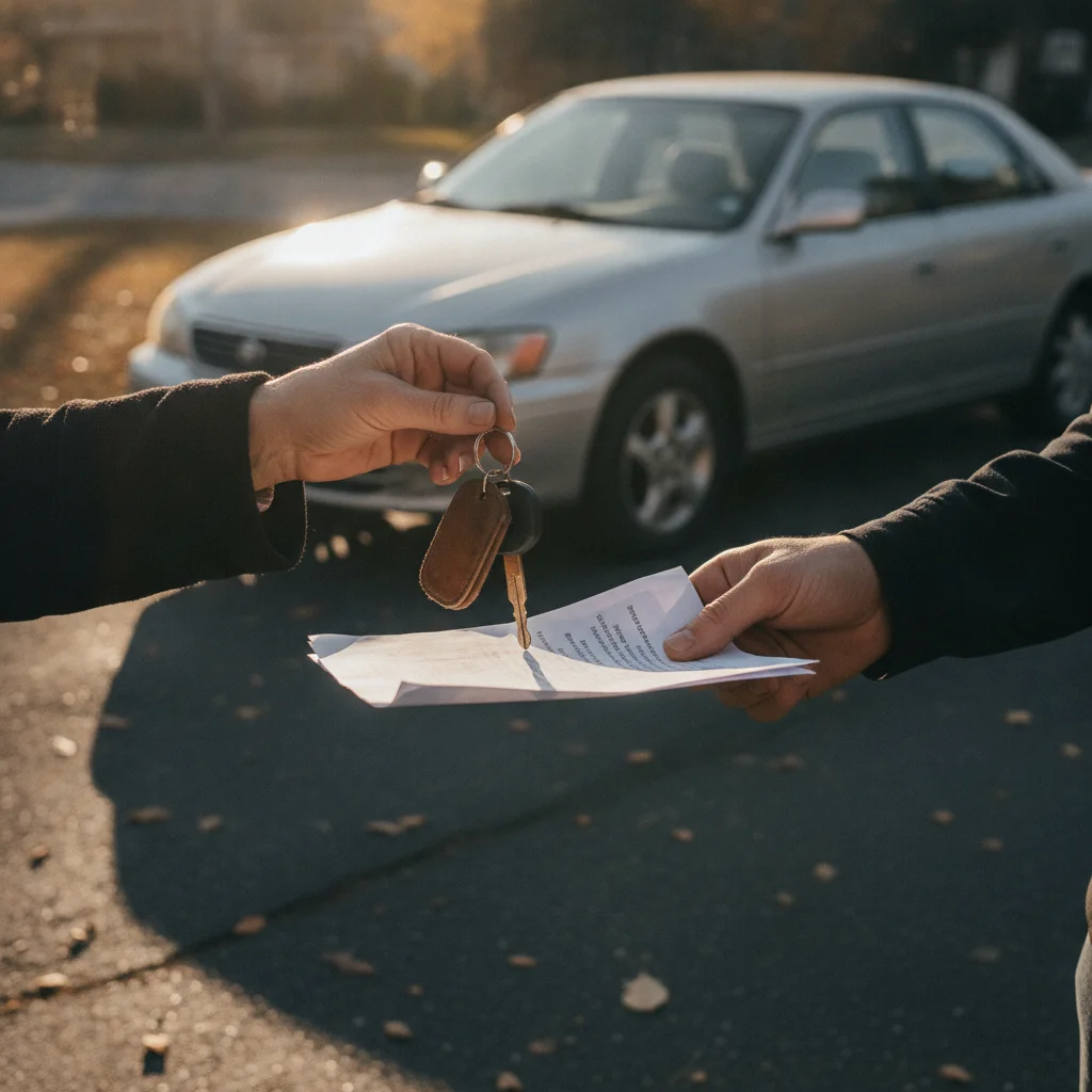Two people exchanging car keys and paperwork during a private car sale in a residential driveway.