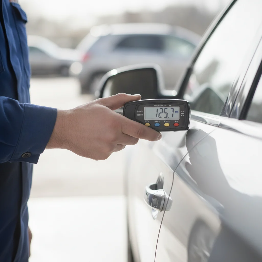 A buyer using a paint depth gauge on a used car door panel to check for prior bodywork or repainting.