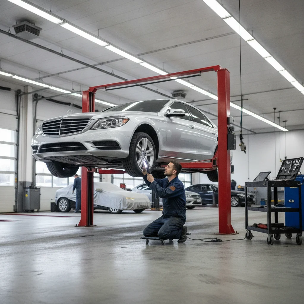A dealership technician inspecting the undercarriage of a raised vehicle in a well-lit service bay.