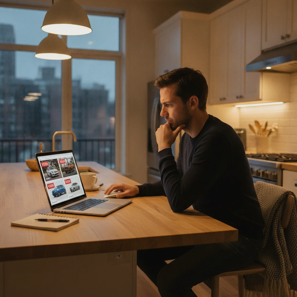 Person comparing online car listings on a laptop at a kitchen table with prices visible on screen