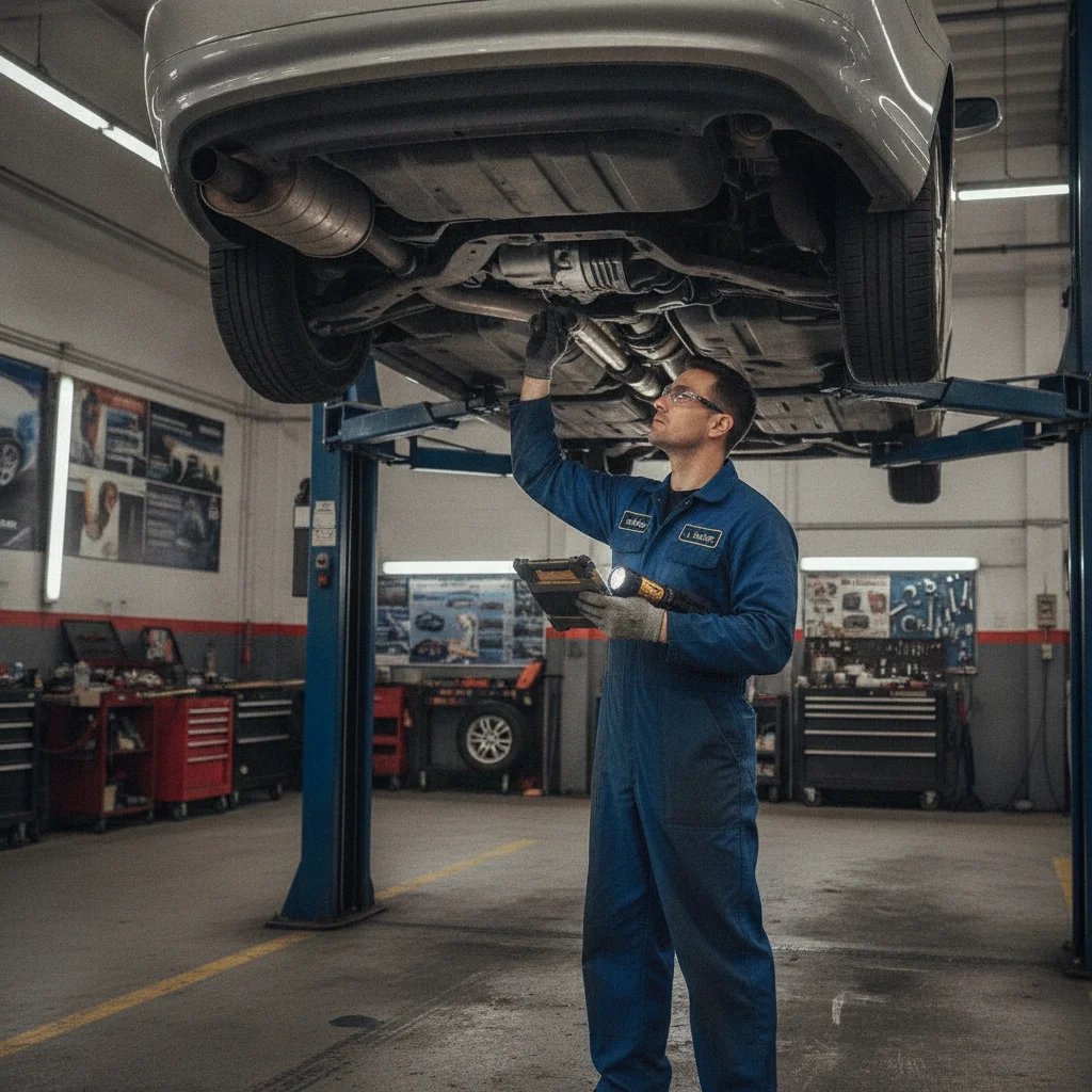 Mechanic inspecting undercarriage of a used car on a hydraulic lift during a pre-purchase inspection
