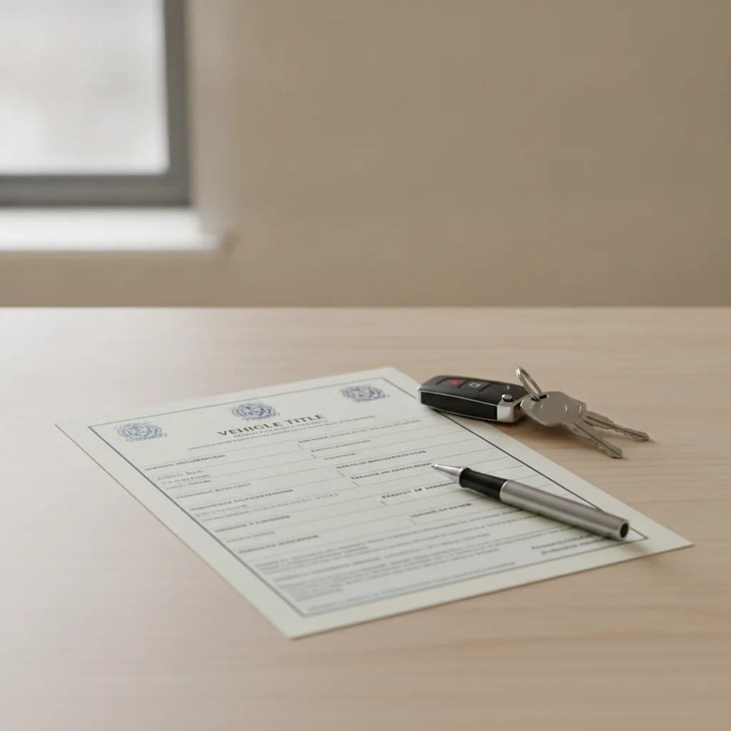 Vehicle title document and car keys on a desk representing the ownership transfer paperwork process