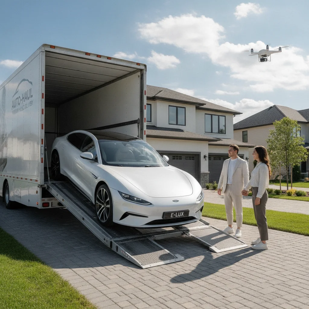 White car being delivered to a suburban home driveway from a transport truck representing online dealership vehicle delivery