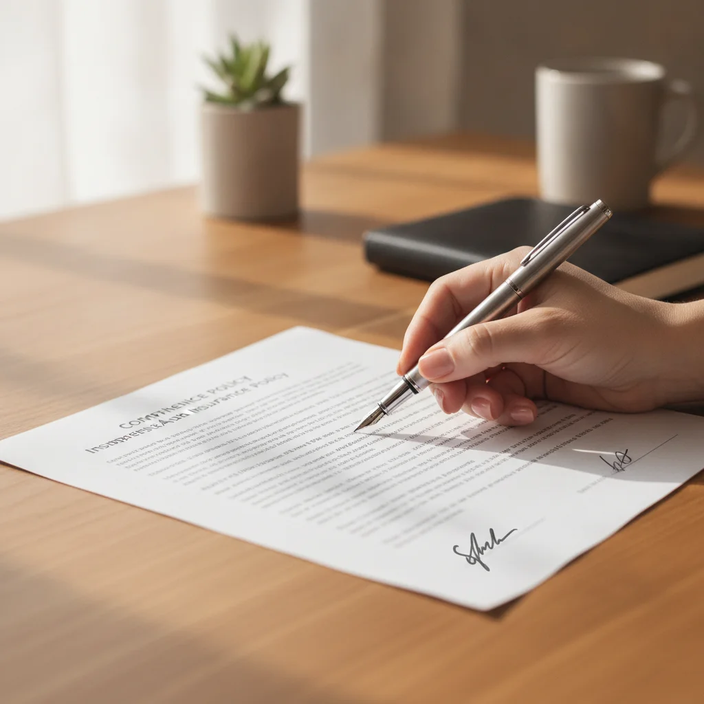 Hand with pen reviewing an open auto insurance policy document on a desk