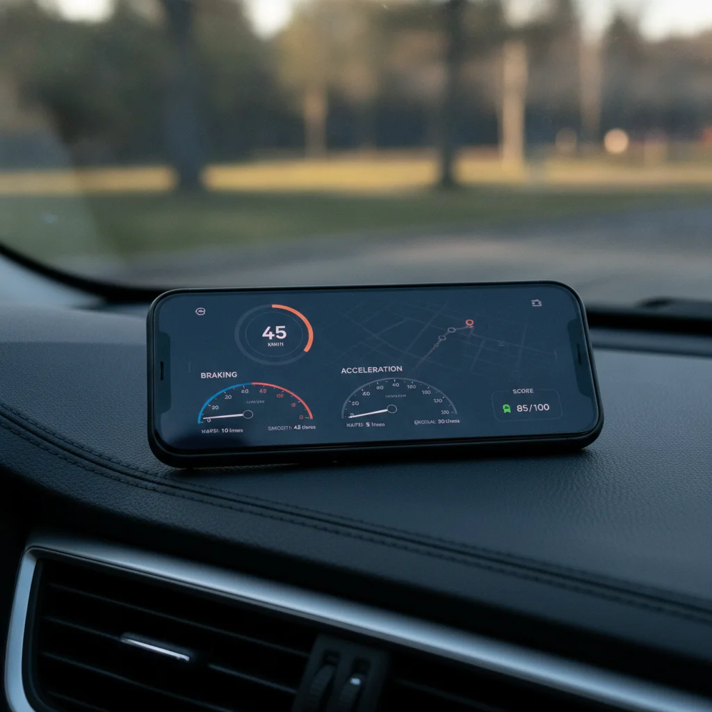 Smartphone showing telematics driving behavior app dashboard with safety score metrics