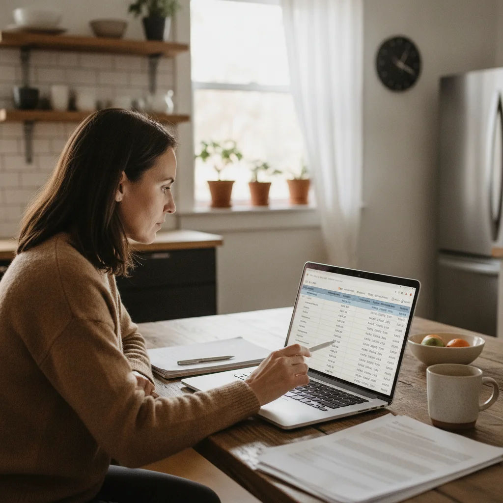 Person comparing auto insurance quotes on a laptop at a kitchen table