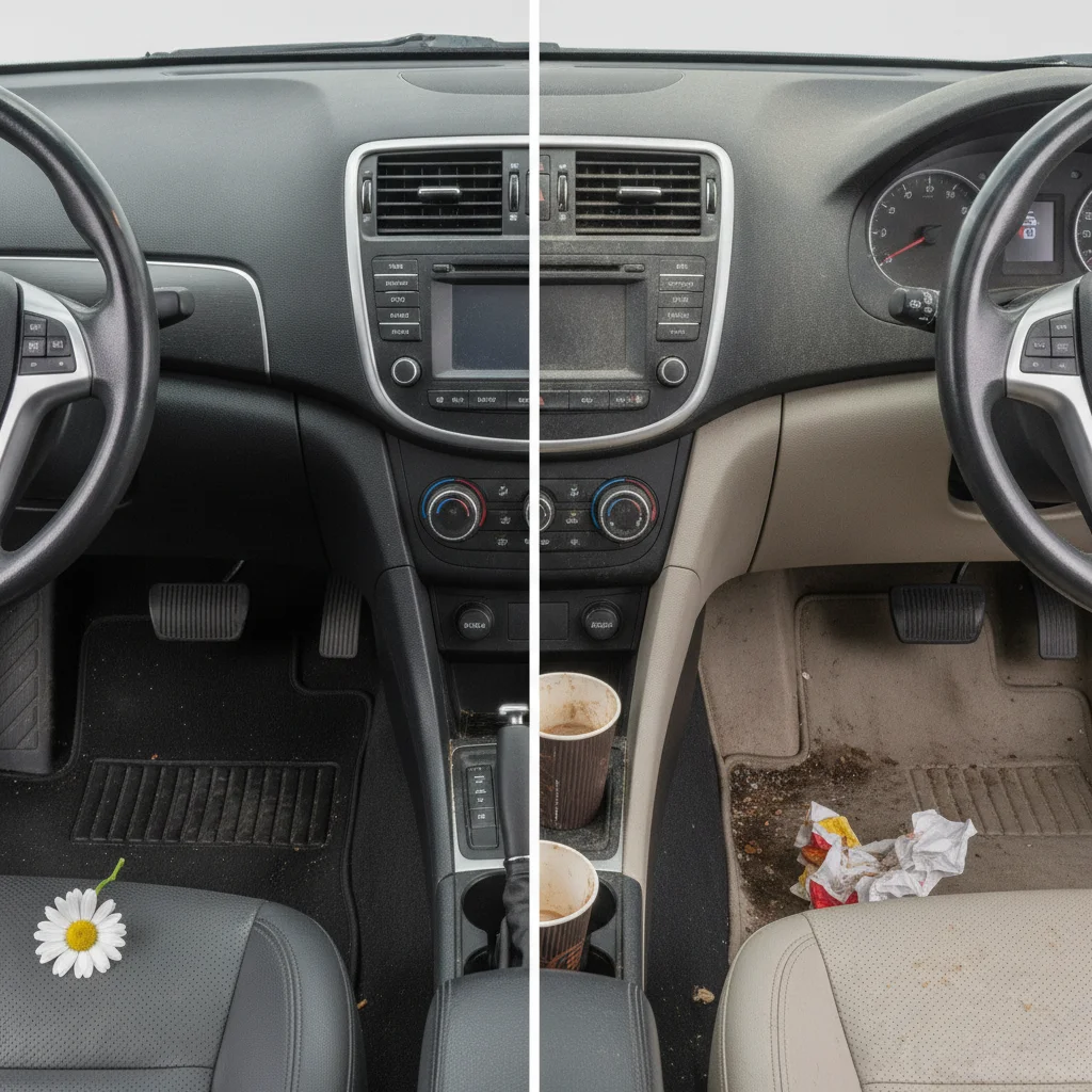 Two car interiors compared — one clean and detailed, one dusty and stained, showing the difference preparation makes