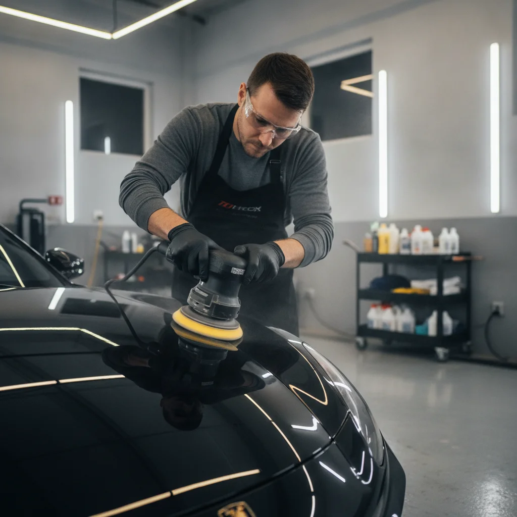 Professional detailer using a dual-action polisher on a car hood in a clean, well-lit garage