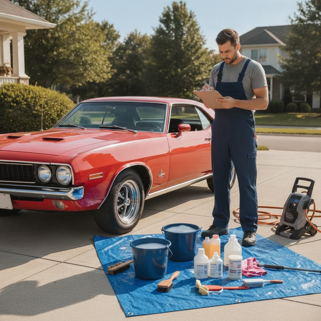 Person reviewing a detailing checklist beside a car with cleaning supplies laid out on a driveway