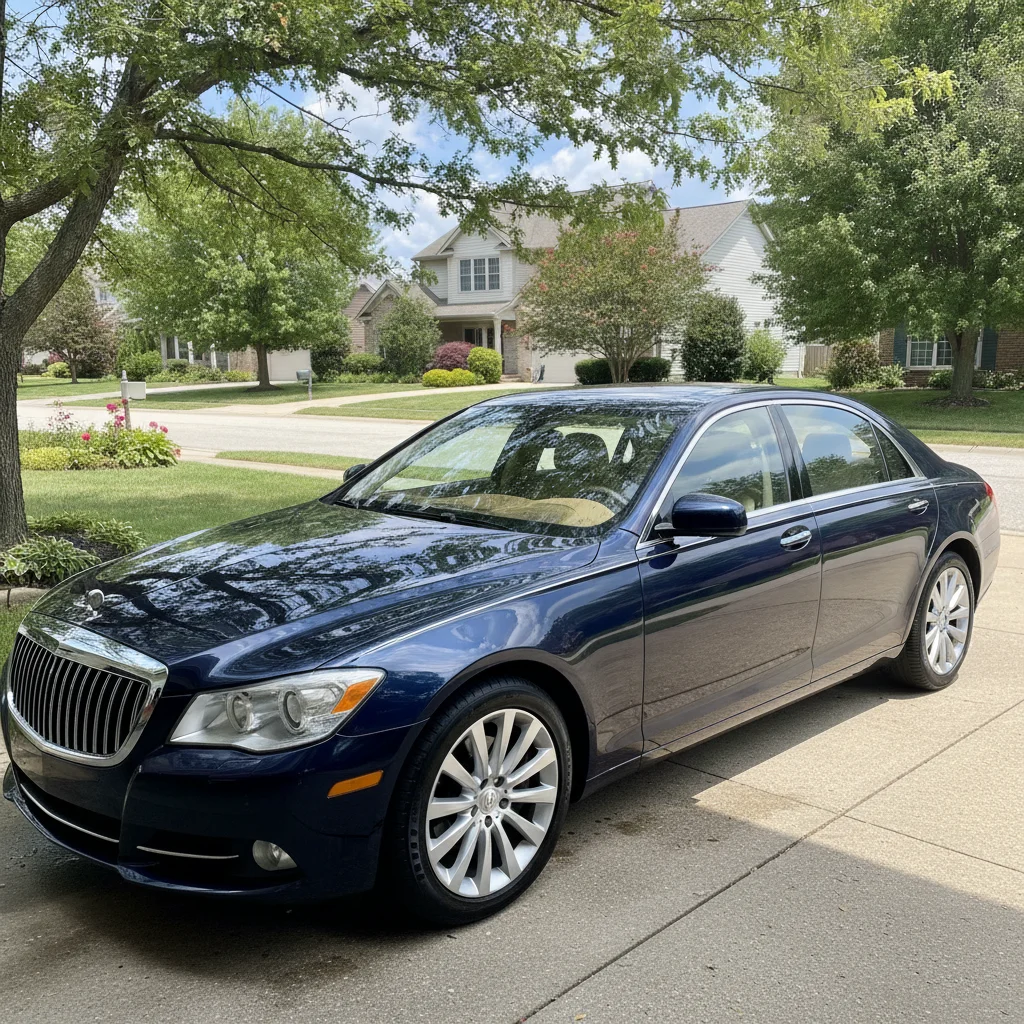 A freshly detailed car with gleaming paint parked in a suburban driveway on a sunny day