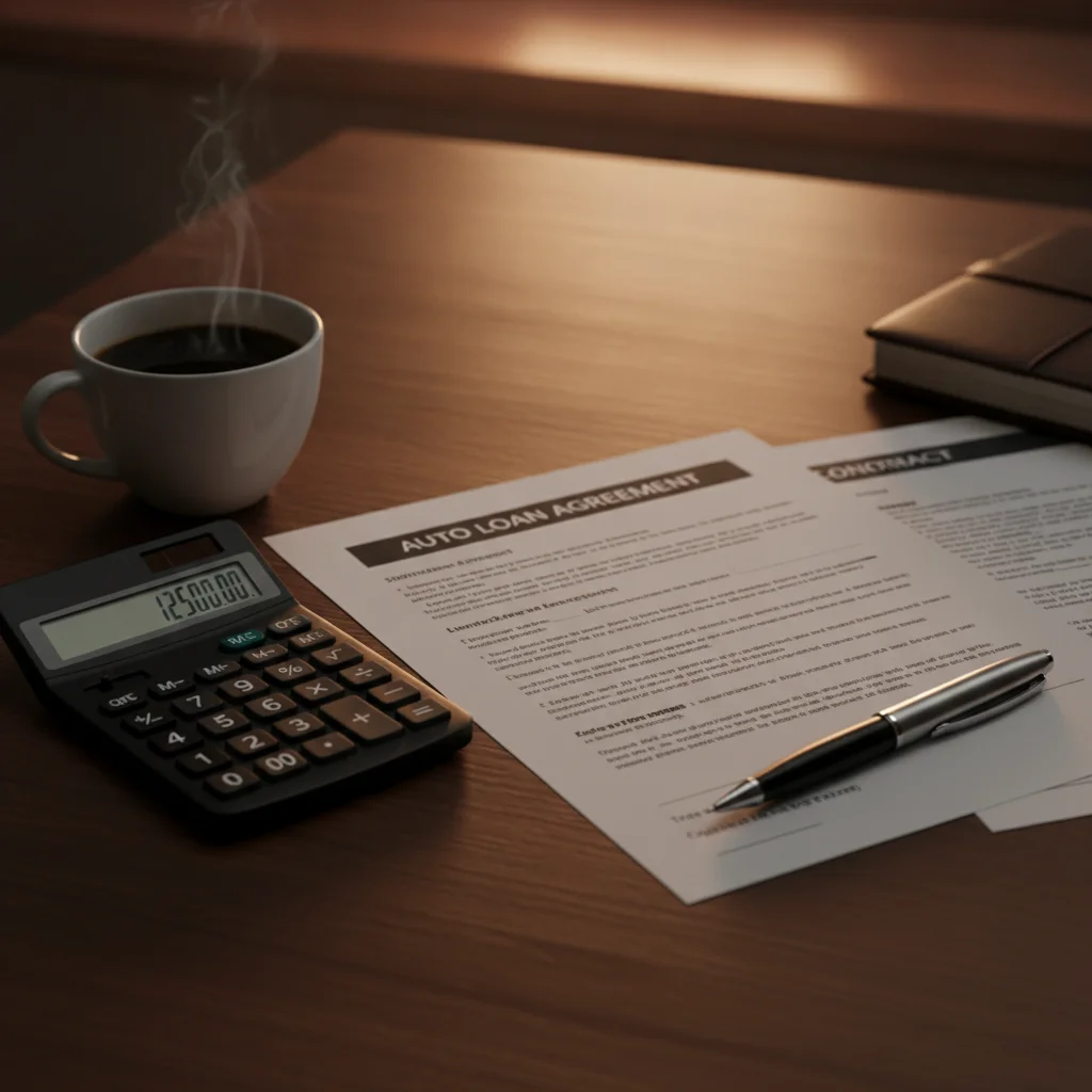 A car loan contract document resting on a dealership desk with a pen and calculator nearby