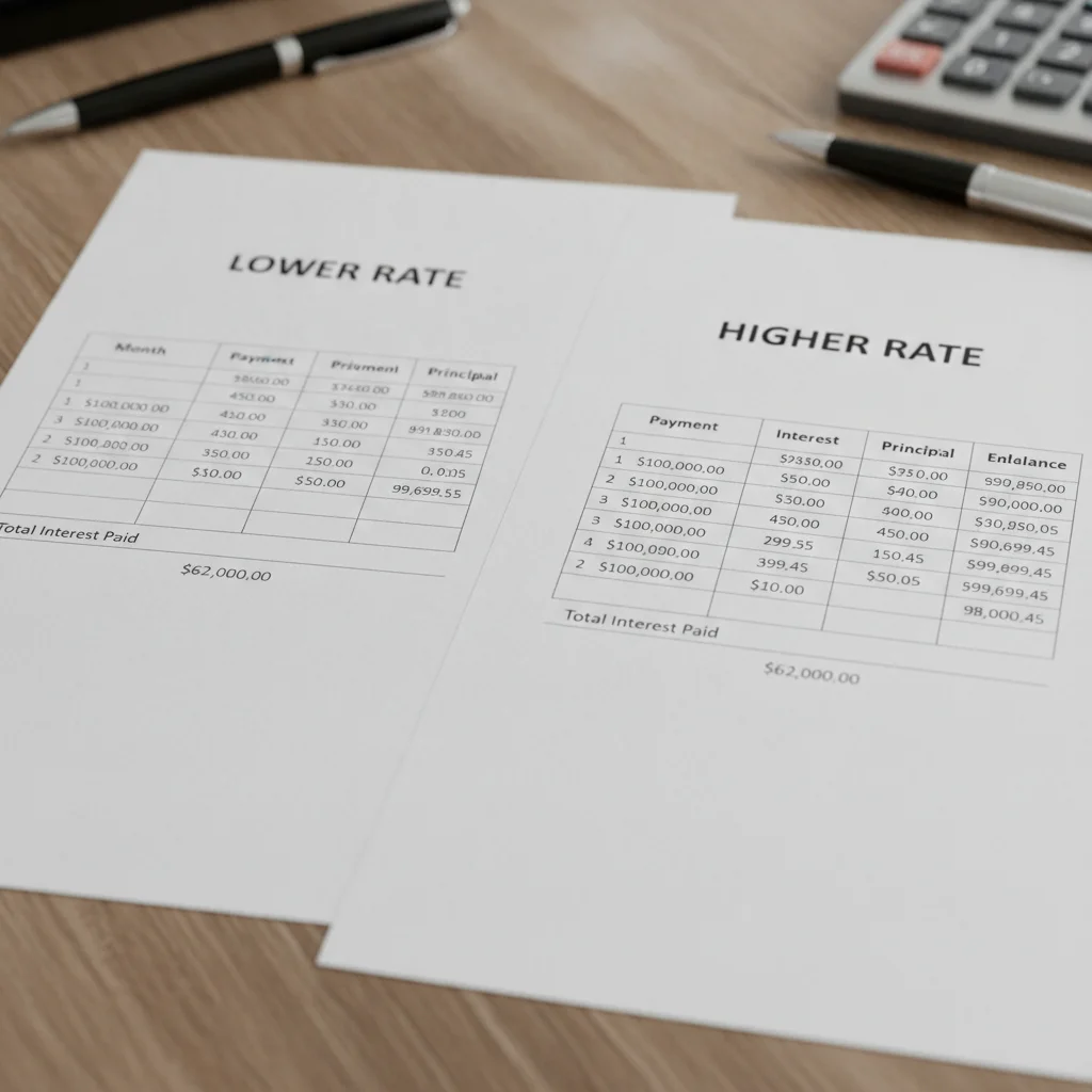 Two loan amortization tables compared side by side showing the cost difference between two interest rates