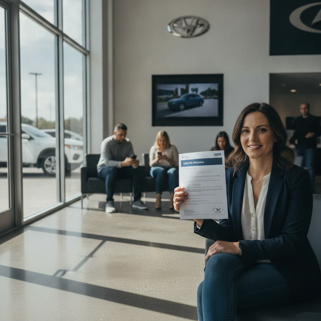 A car buyer holding a printed bank preapproval letter while waiting in a dealership showroom
