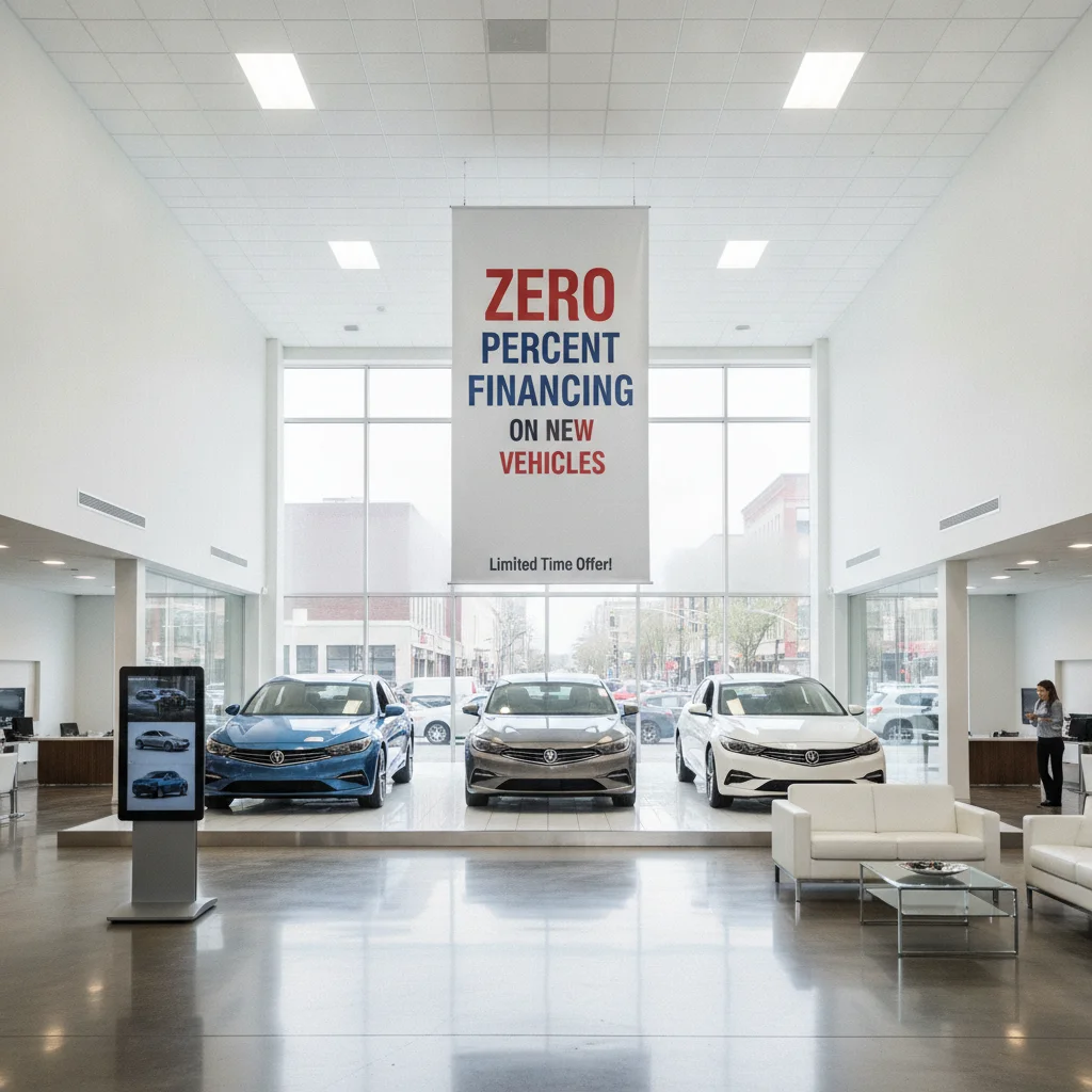 A new car in a dealership showroom with a zero percent financing promotional banner displayed overhead