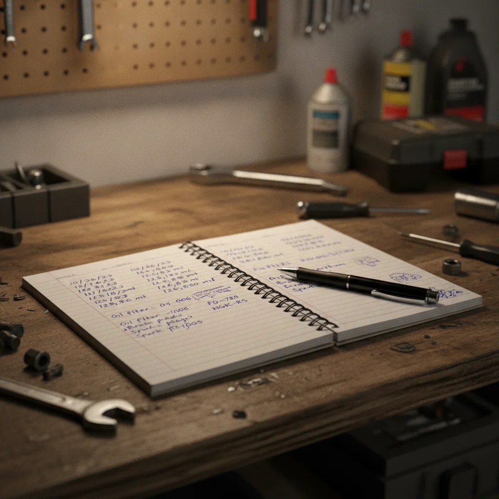 Handwritten car repair log notebook open on a garage workbench with service notes and part numbers.