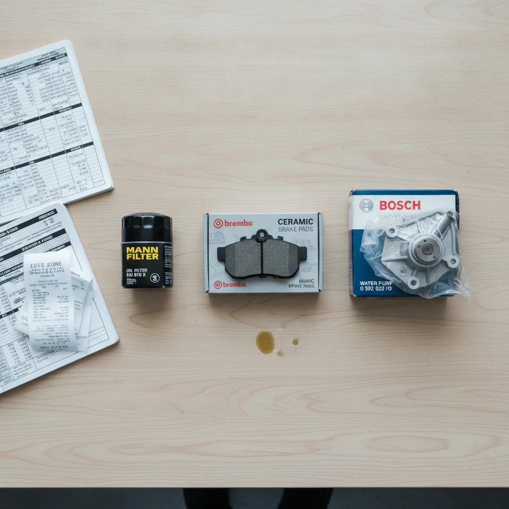 Assorted automotive parts in packaging laid out on a clean workbench alongside purchase receipts and a parts catalog.