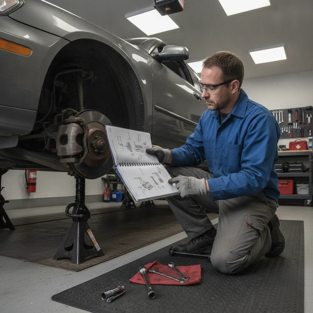 Home mechanic reviewing printed service manual beside a vehicle raised on jack stands in a garage.
