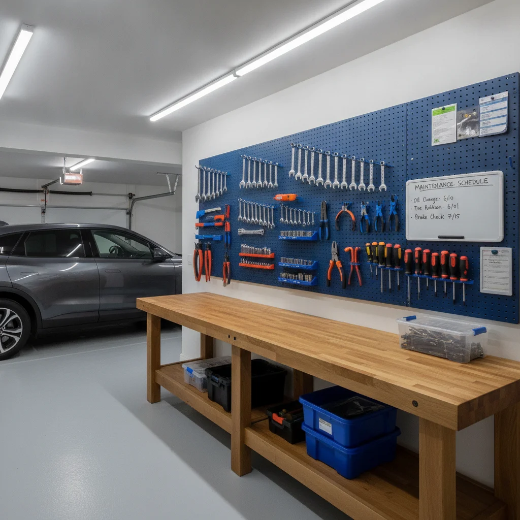 Well-organized home garage with pegboard tool wall, socket sets, and maintenance schedule whiteboard.