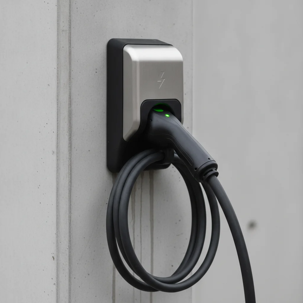 An EV charging cable neatly returned to its holster at a public charging station