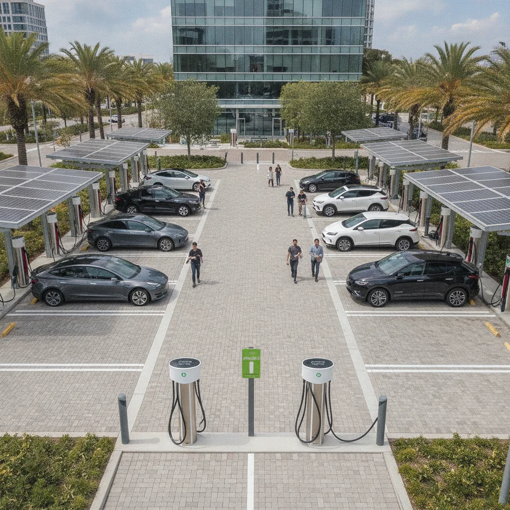 Aerial view of a busy public EV charging plaza with multiple vehicles charging simultaneously