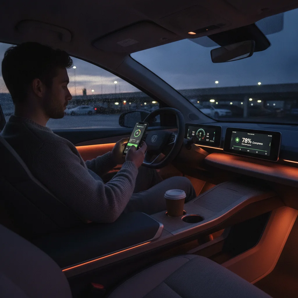An EV driver monitoring their charging session remotely on a smartphone app while seated in their vehicle