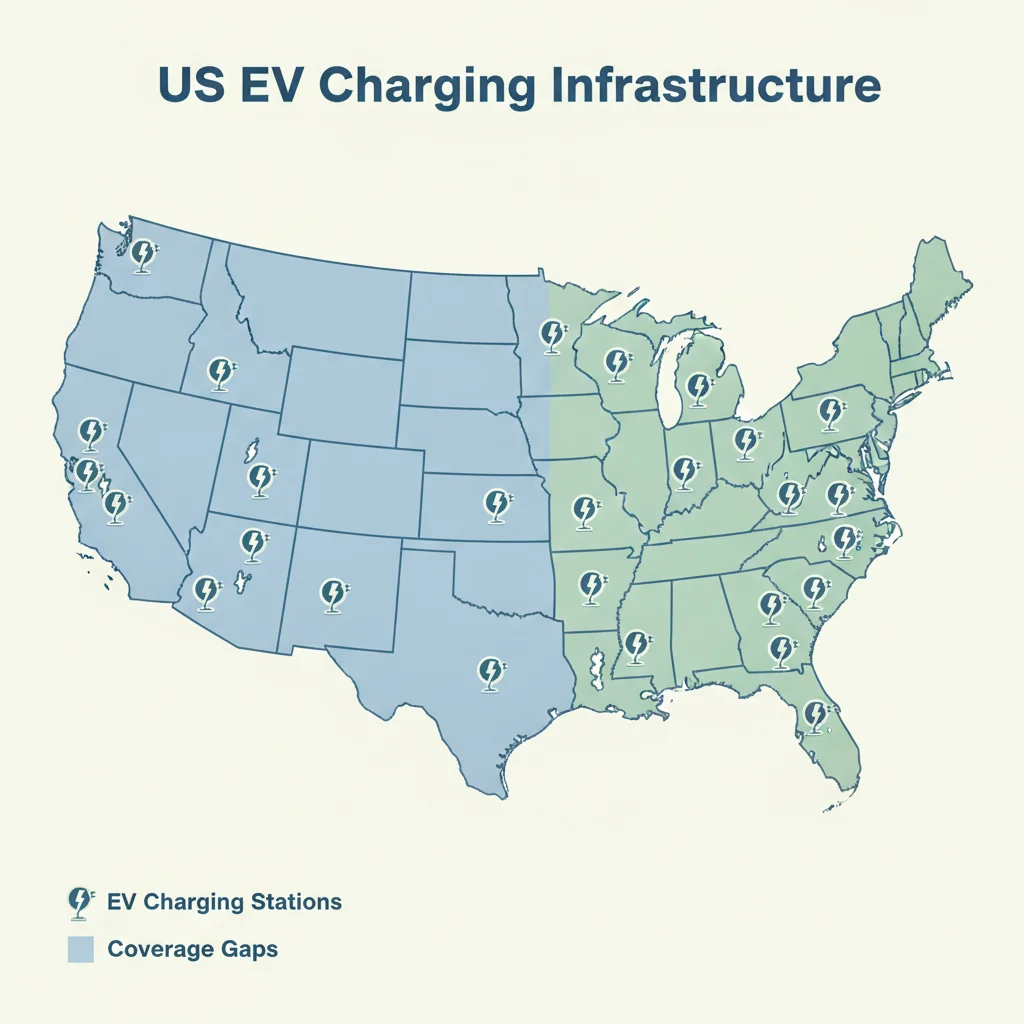 A US map illustration showing EV charging station distribution with visible coverage gaps in rural regions