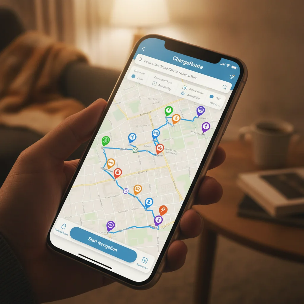 Smartphone displaying a multi-network EV charging aggregator app showing multiple charging stations on a map