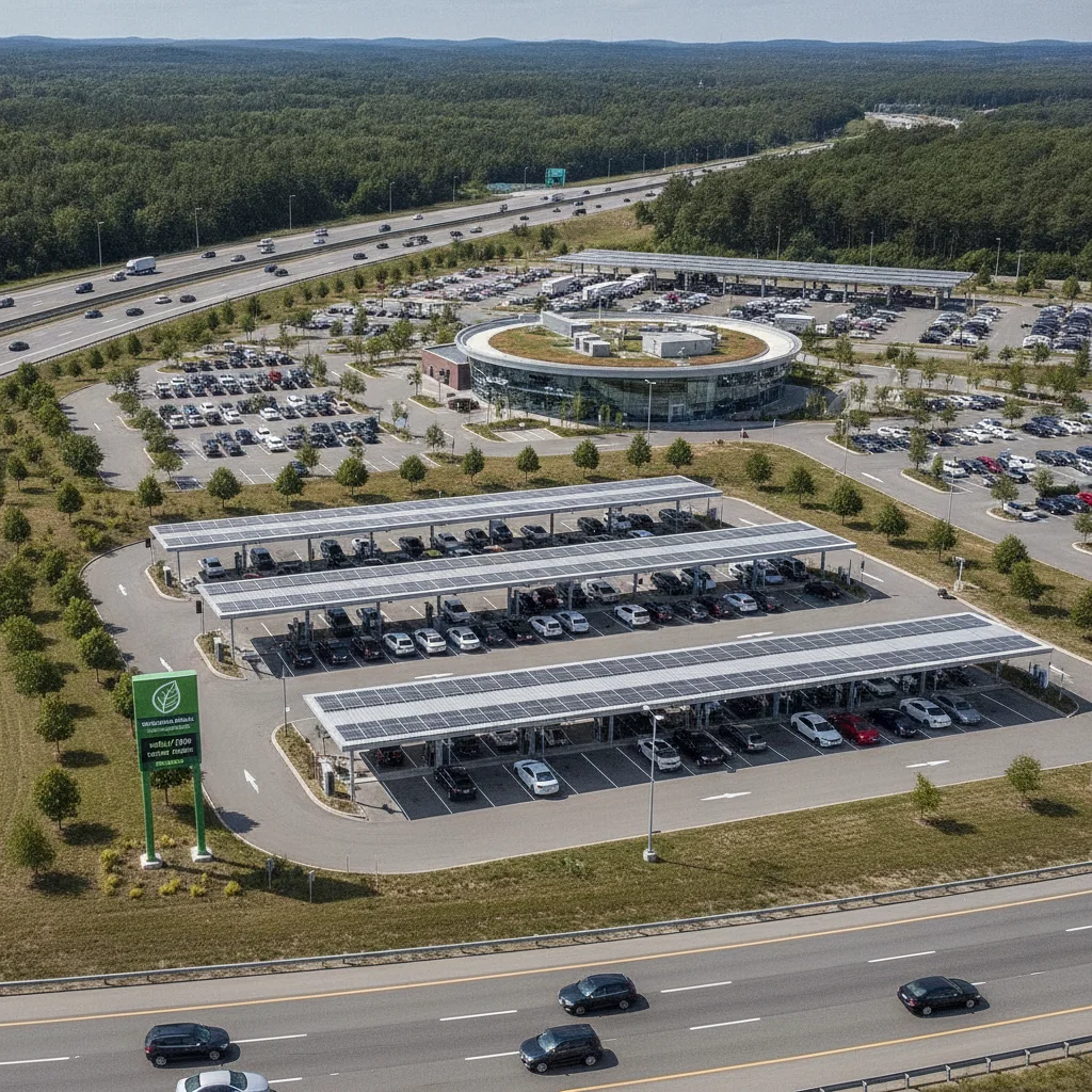 Aerial view of a highway rest stop with multiple electric vehicle charging stations and cars plugged in